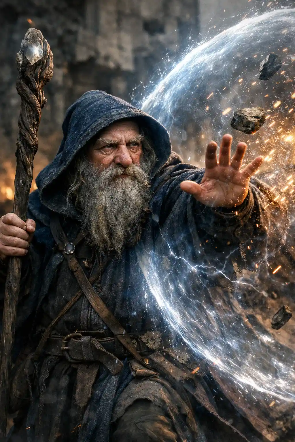 Dark Dwarf Wizard Casting Defensive Magic In Blue Robes