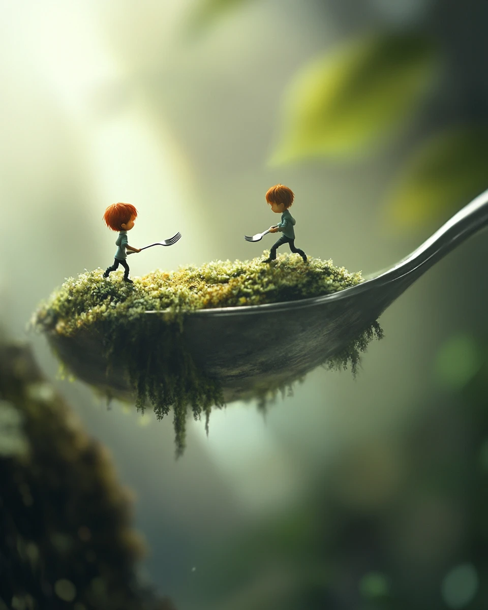 Bambini minuscoli che giocano su posate giganti in un mondo anime