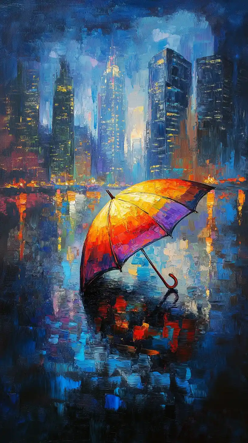 Upside down umbrella mirroring a rainbow city skyline