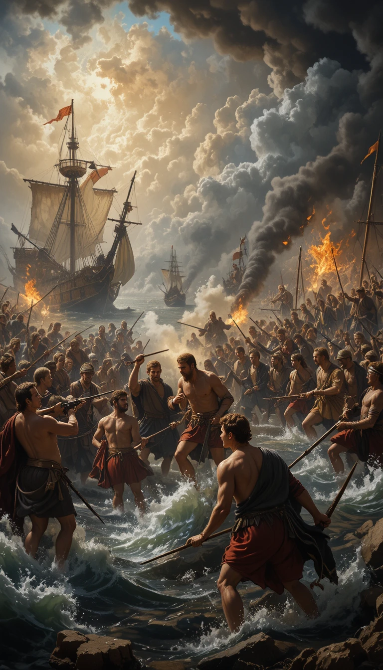Stormy sea battle with ships, warriors and gunfire