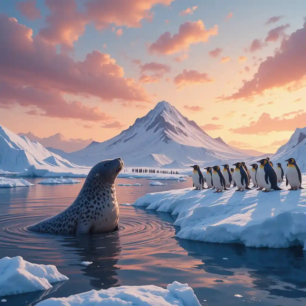 Close up of a leopard seal beneath penguins on iceberg
