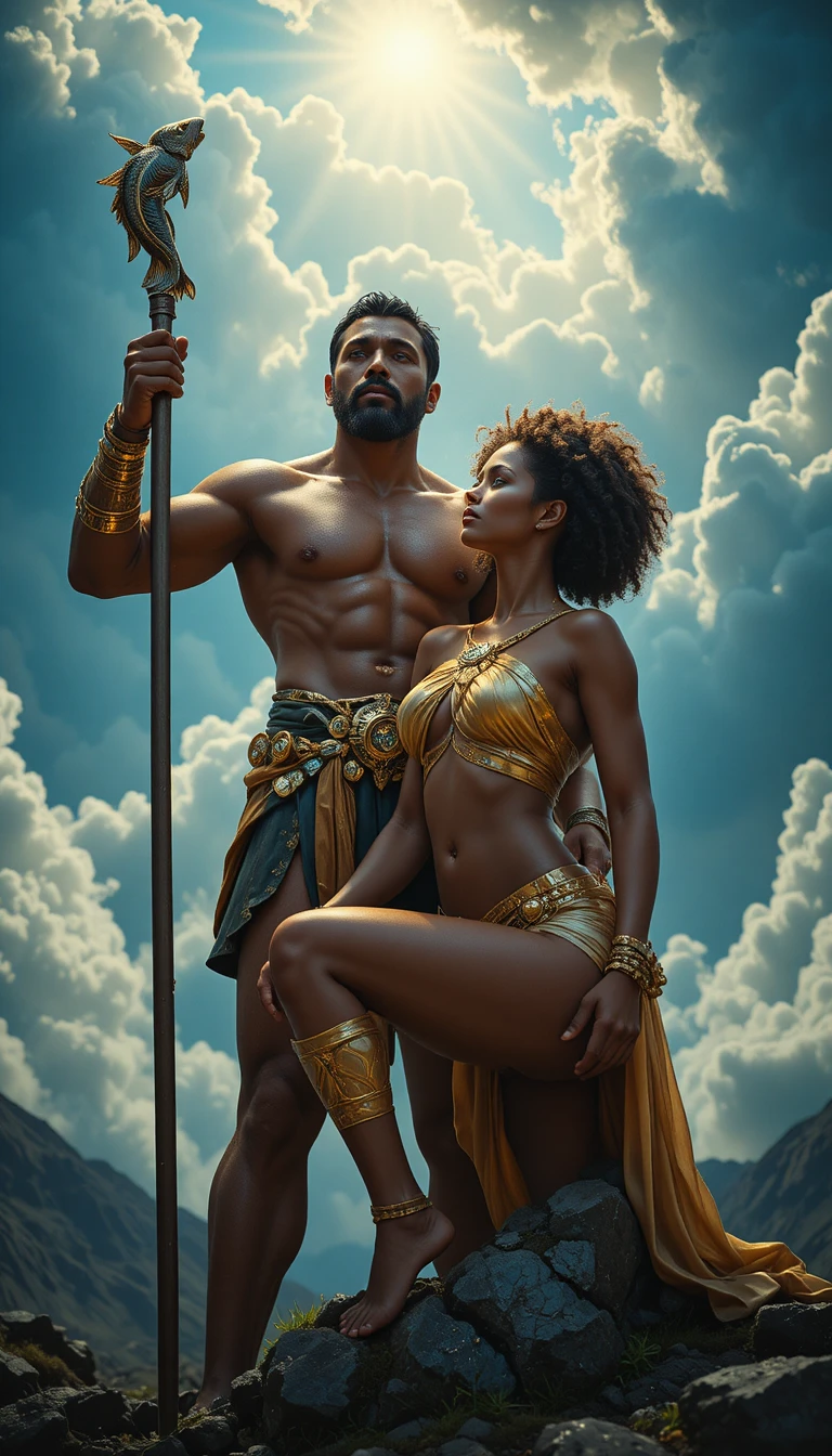Heroic muscular couple kneeling under a bright celestial sky