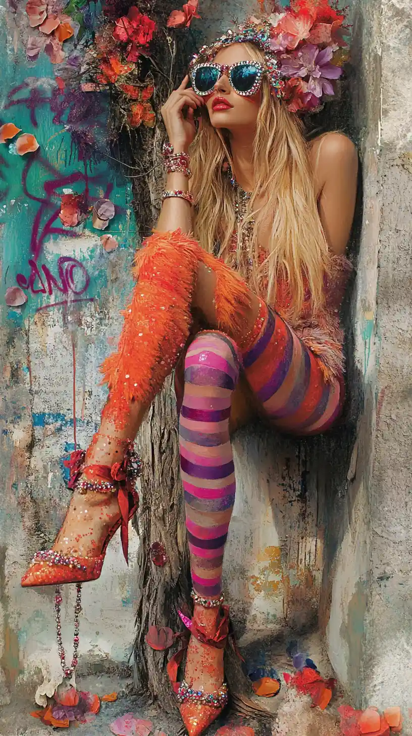 Stylish blonde woman in vibrant urban street art scene
