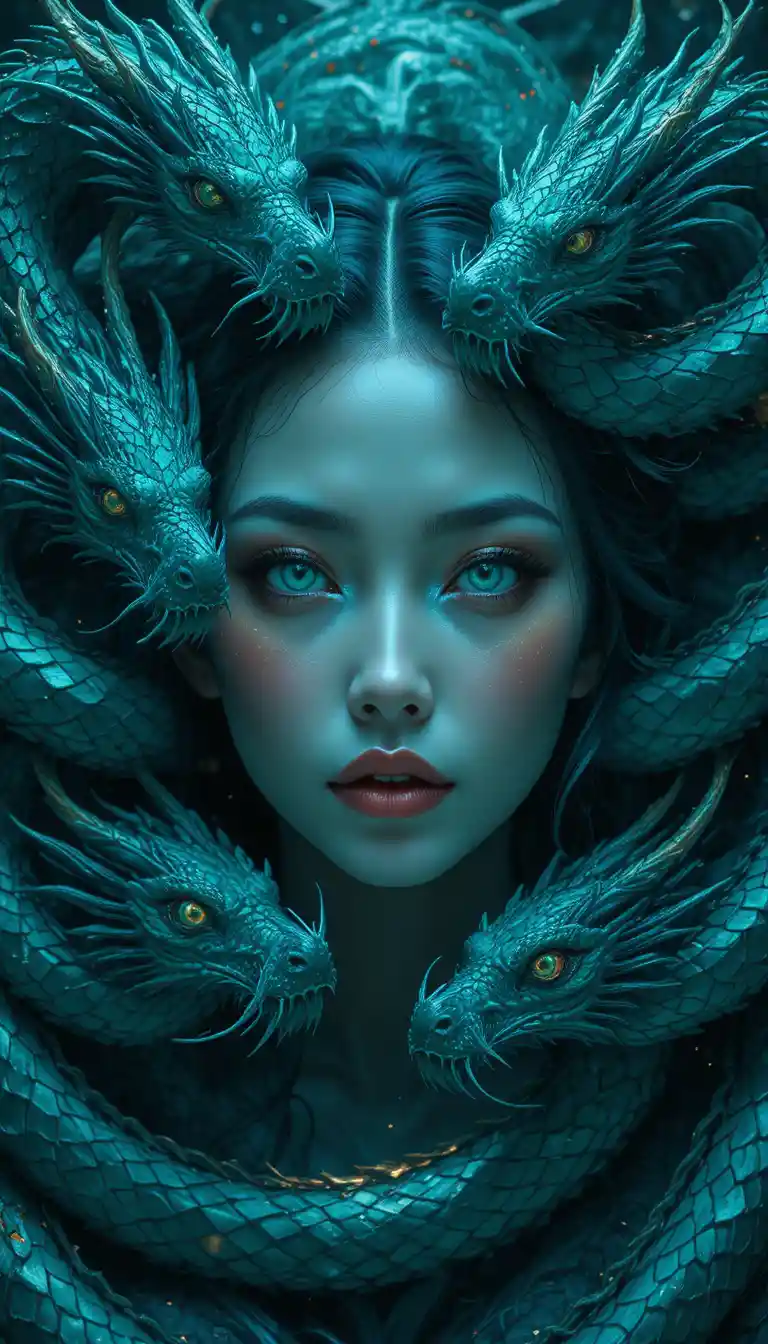 Surreal portrait of an ethereal woman with coiling dragons