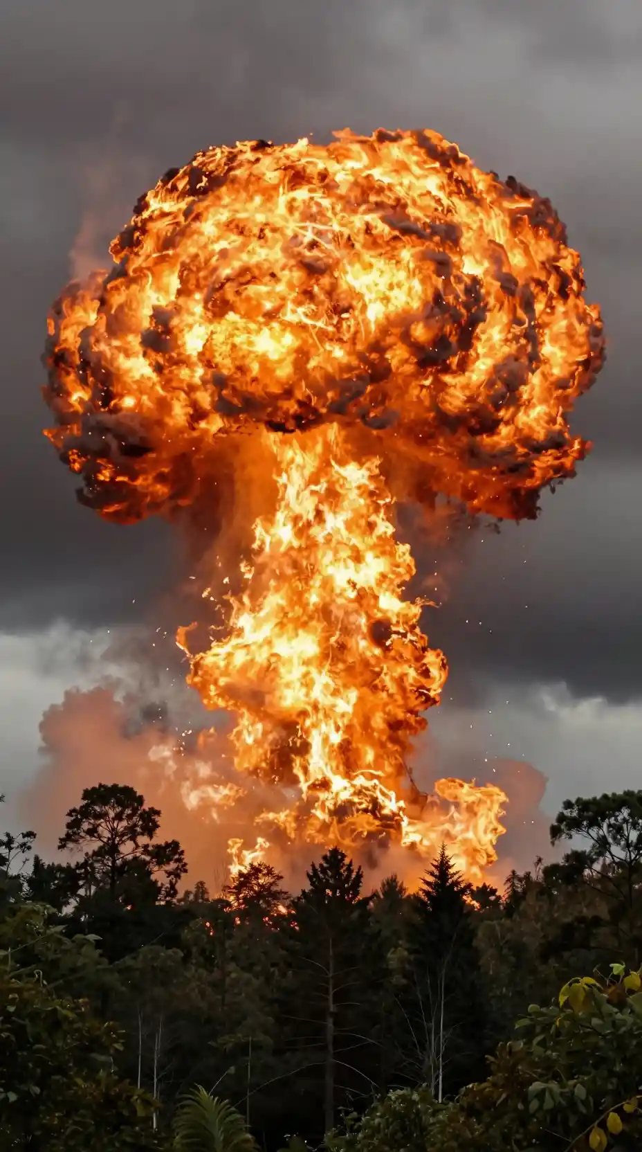 Massive fireball explosion above a dense forest canopy