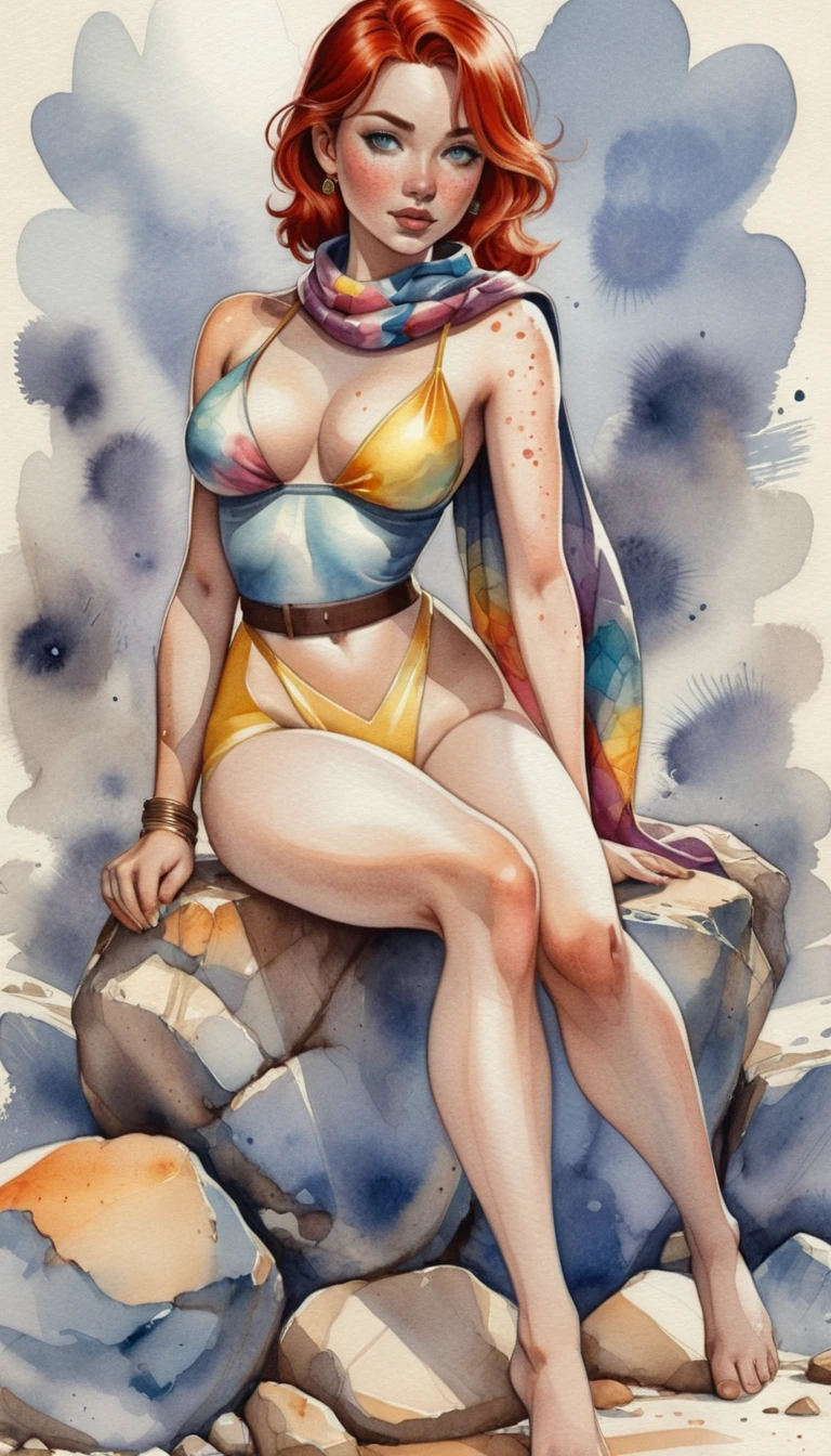 Donna pin up fantasy seduta sulle rocce con mantello arcobaleno