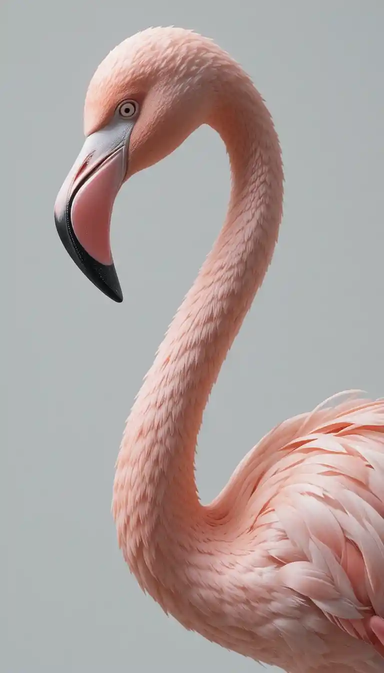 Soft pink flamingo close up against a white background