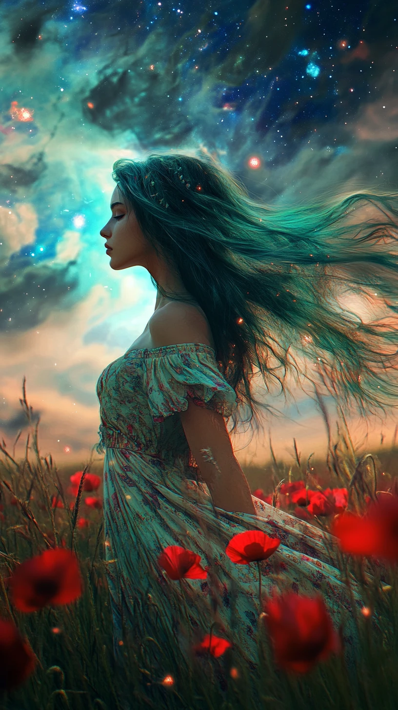 Fantasy-Mädchen mit grünen Haaren in einer kosmischen Wiese