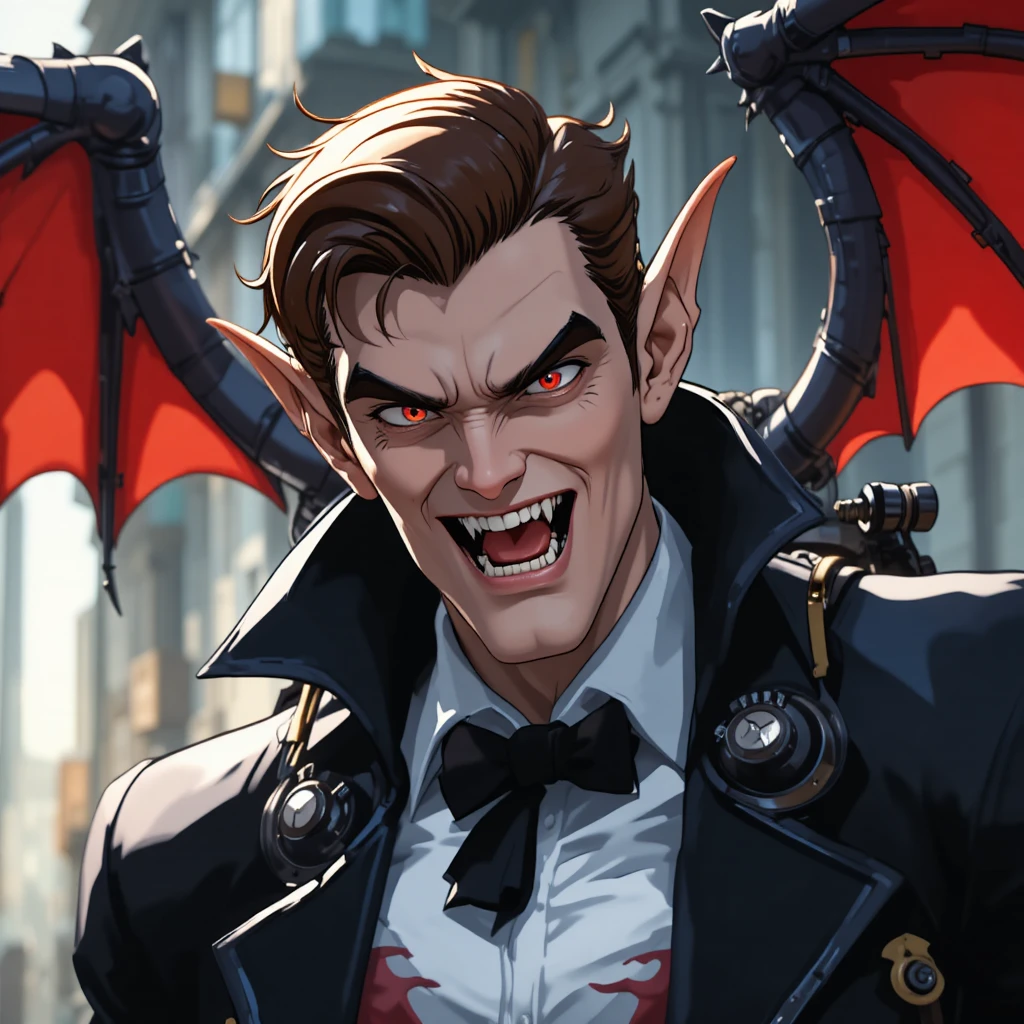 Vampiro masculino con alas de mochila propulsora en estilo cómic animado