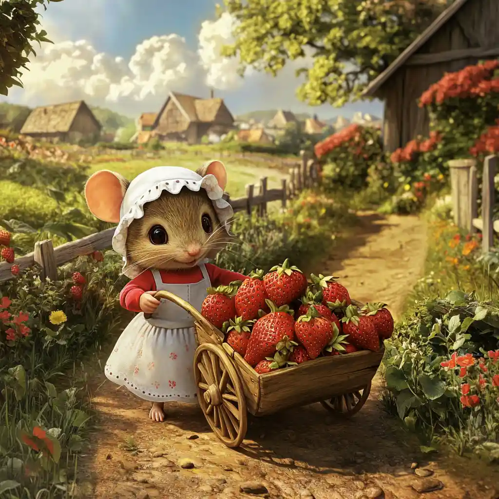 Cute mouse with strawberries in a sunny countryside path