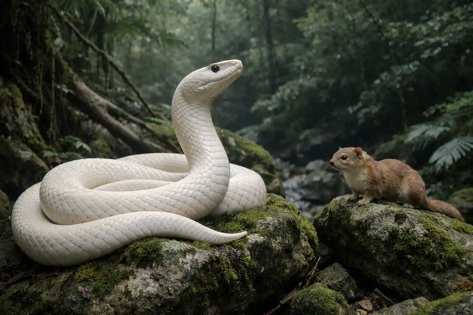 Ancient white snake resting on mossy rock in dense forest