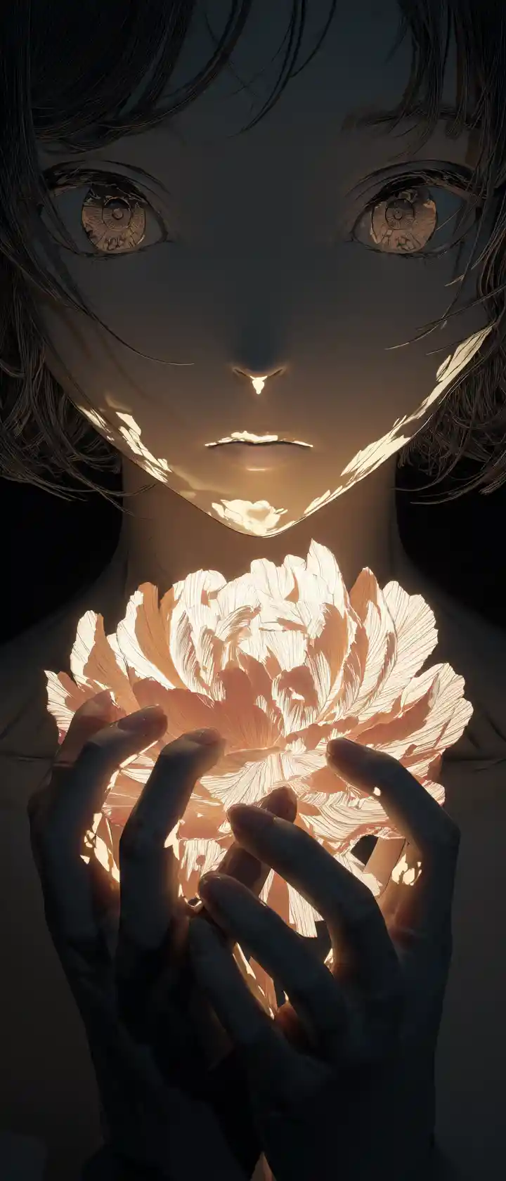 Chica de anime sosteniendo flor brillante en el amanecer de un desierto oscuro
