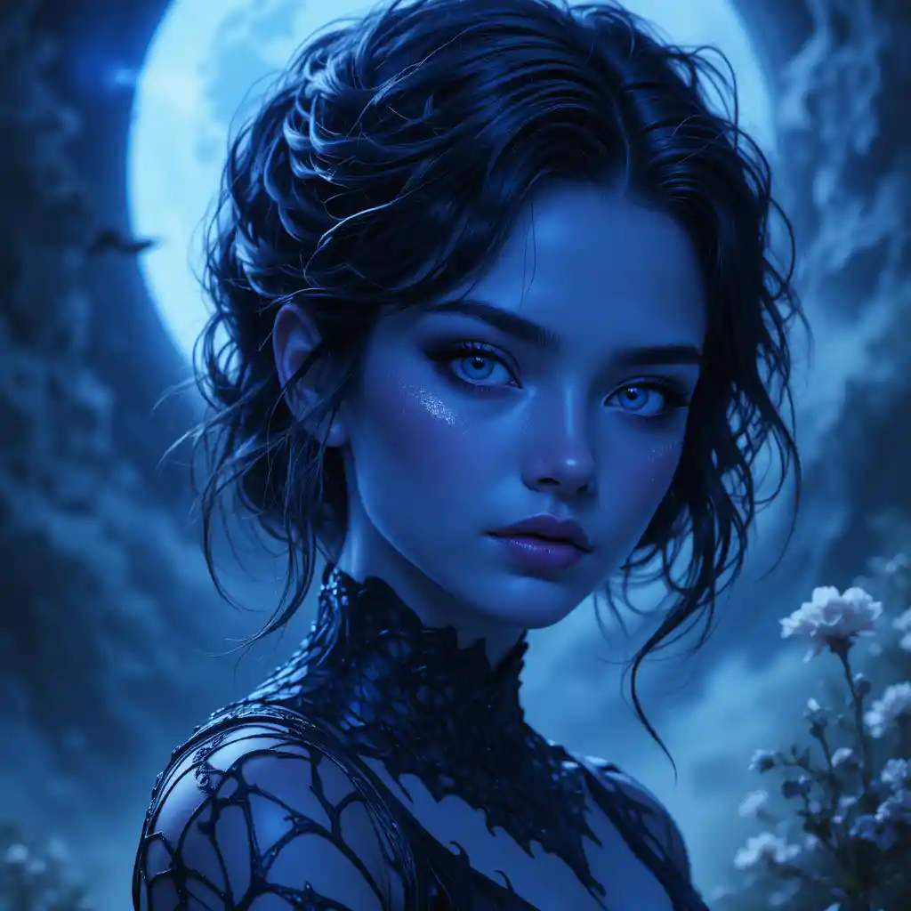 Blue skinned night goddess with silver eyes and dark hair