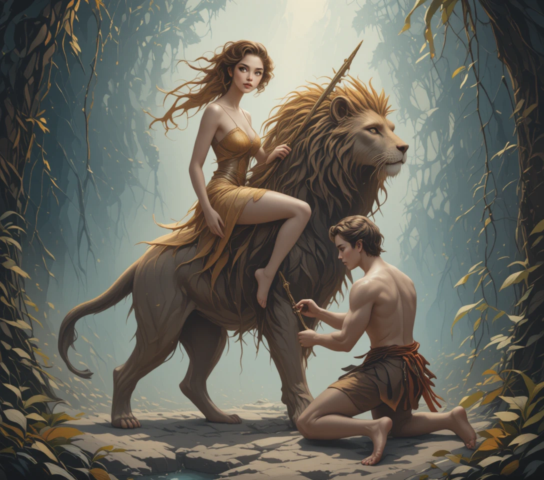 Héroes de fantasía montando un león a través de una selva neblinosa