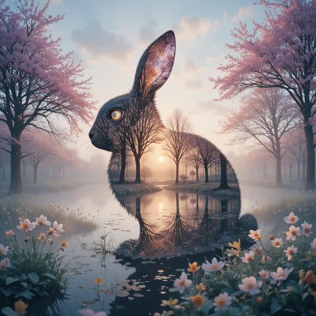 Silhouette Magica di Coniglio con Riflesso di Paesaggio Primaverile