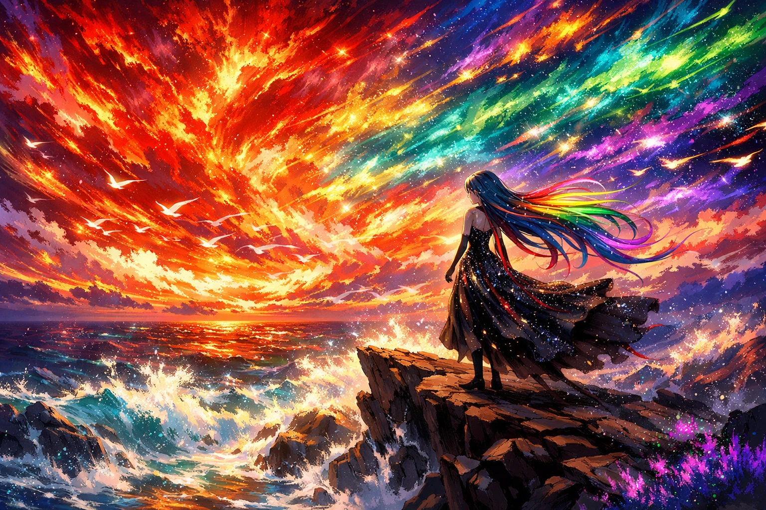 Anime woman on a cliff at an abstract ocean sunset