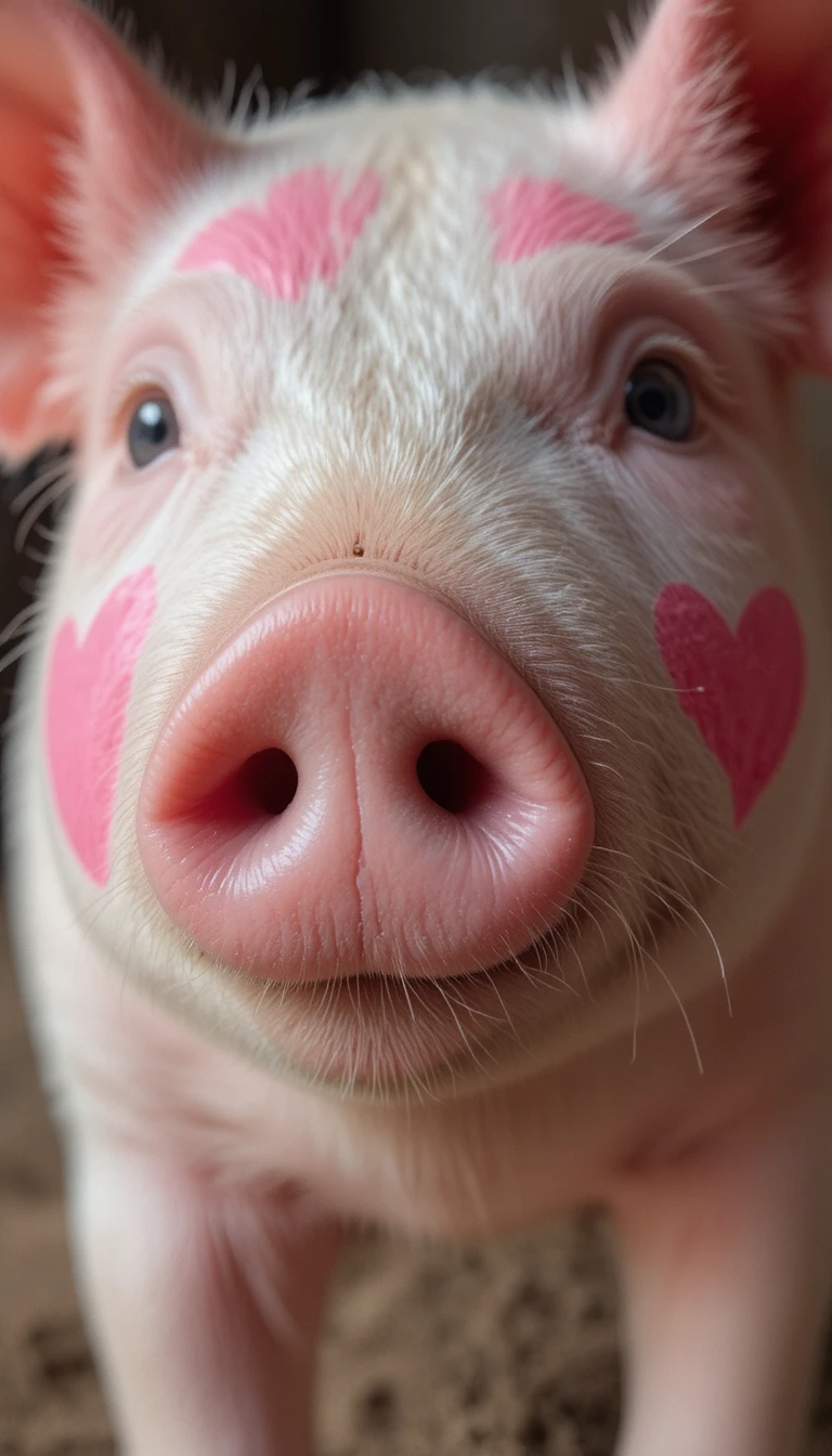 Close up of a pig snout with pink painted heart pattern