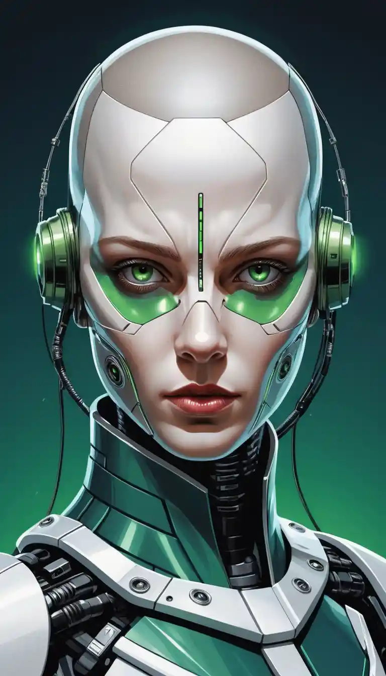 Extremes Nahporträt eines Cyborgs mit leuchtenden Augen