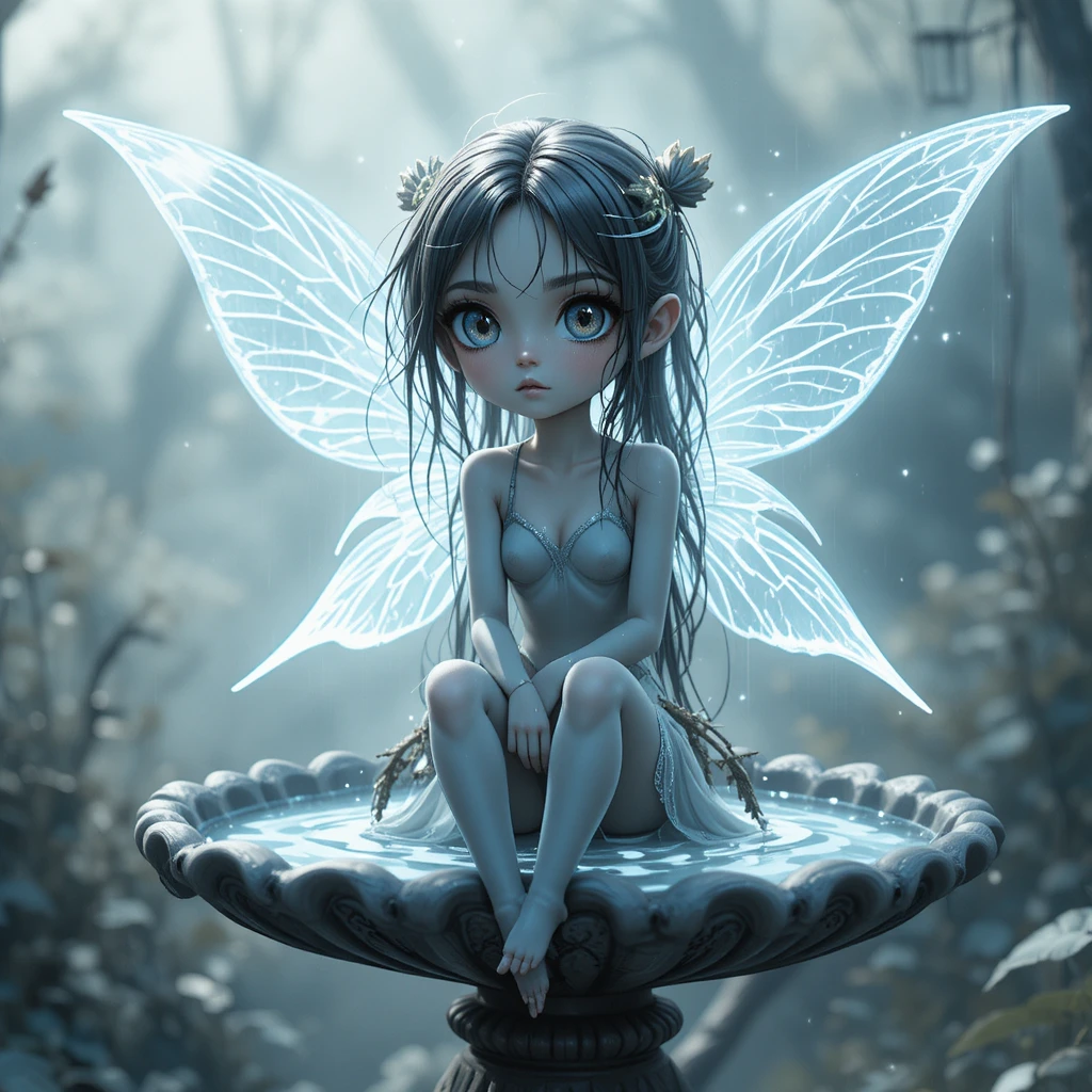 Dreamy small fairy resting on a bird bath