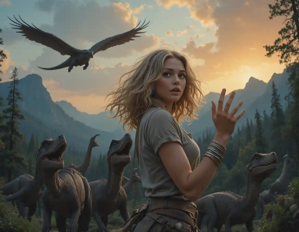 Mujer sorprendida se enfrenta a dinosaurios en un bosque fantástico y dramático