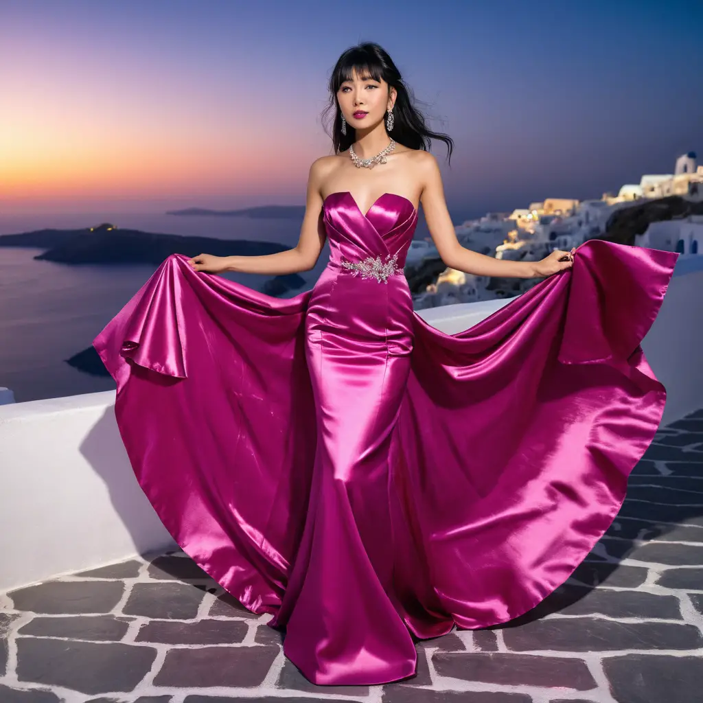 Chica elegante con vestido de satén fucsia de noche en Santorini