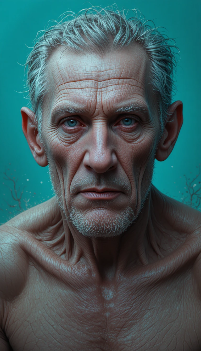 Retrato de un hombre mayor de ojos azules sobre degradado color teal