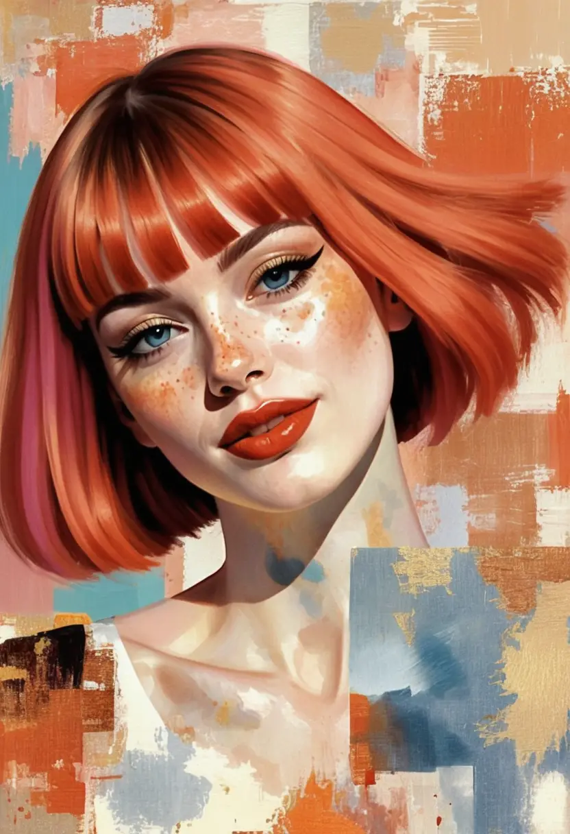 Ritratto pop art di una ragazza con caschetto rosso brillante