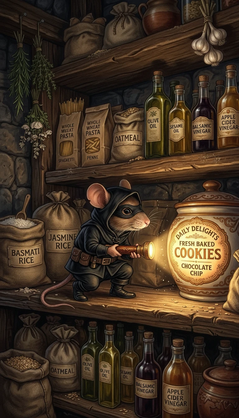 Fantasy mouse thief in a pantry shining light on cookies