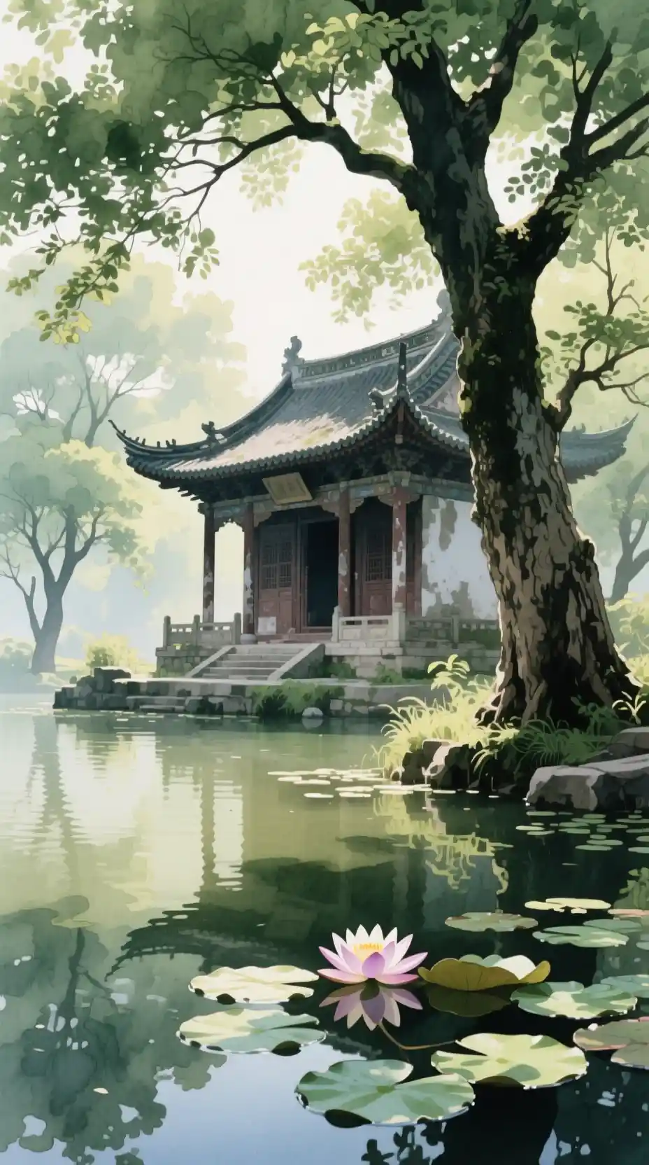 Templo ancestral bañado por el sol bajo los árboles junto al agua brillante