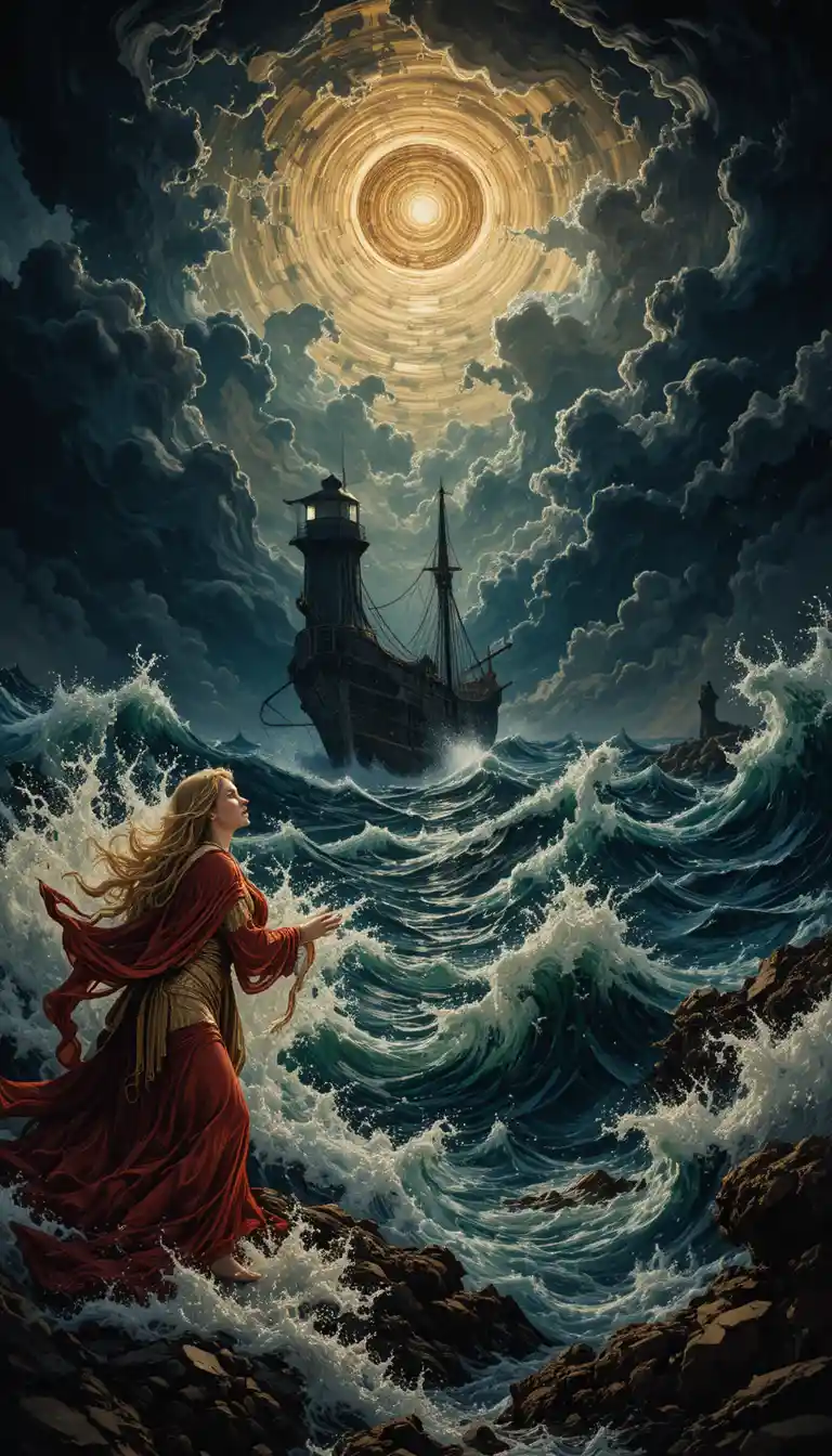 Dramatic ship on stormy sea with distant lighthouse light