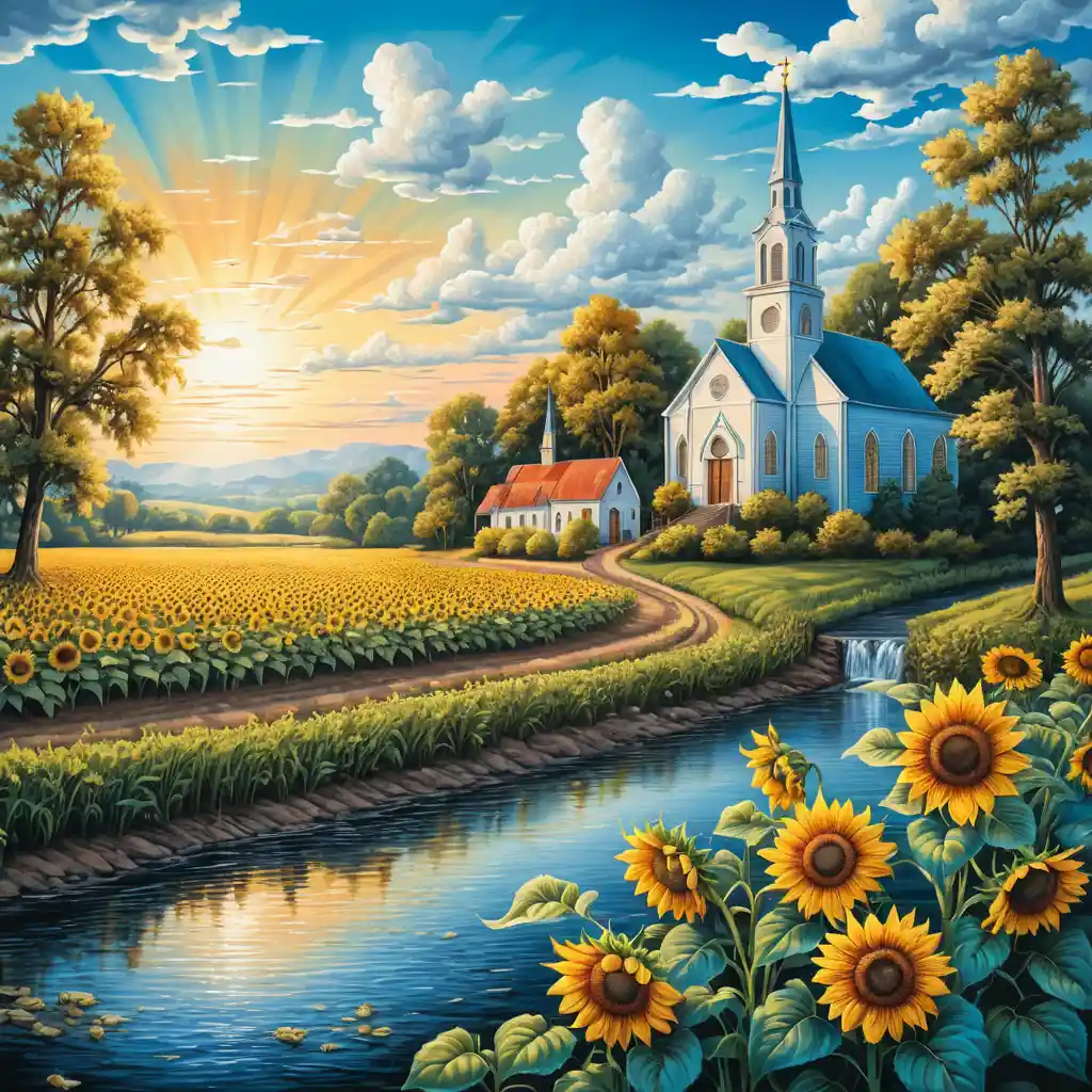 Iglesia al amanecer sobre río y campos de girasoles en verano