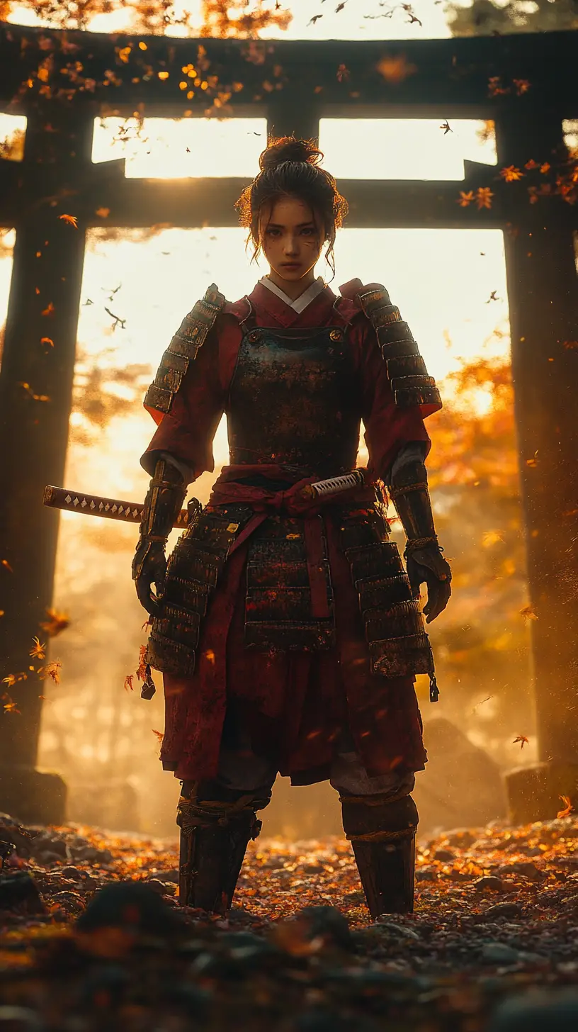 Japanese Warrior Woman Before Ruined Torii At Sunset