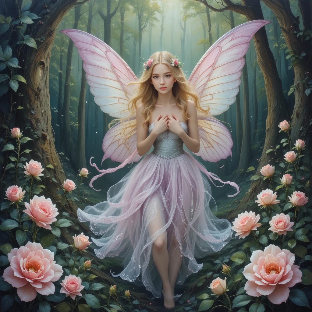 Pastel winged fairy among roses in a forest painting