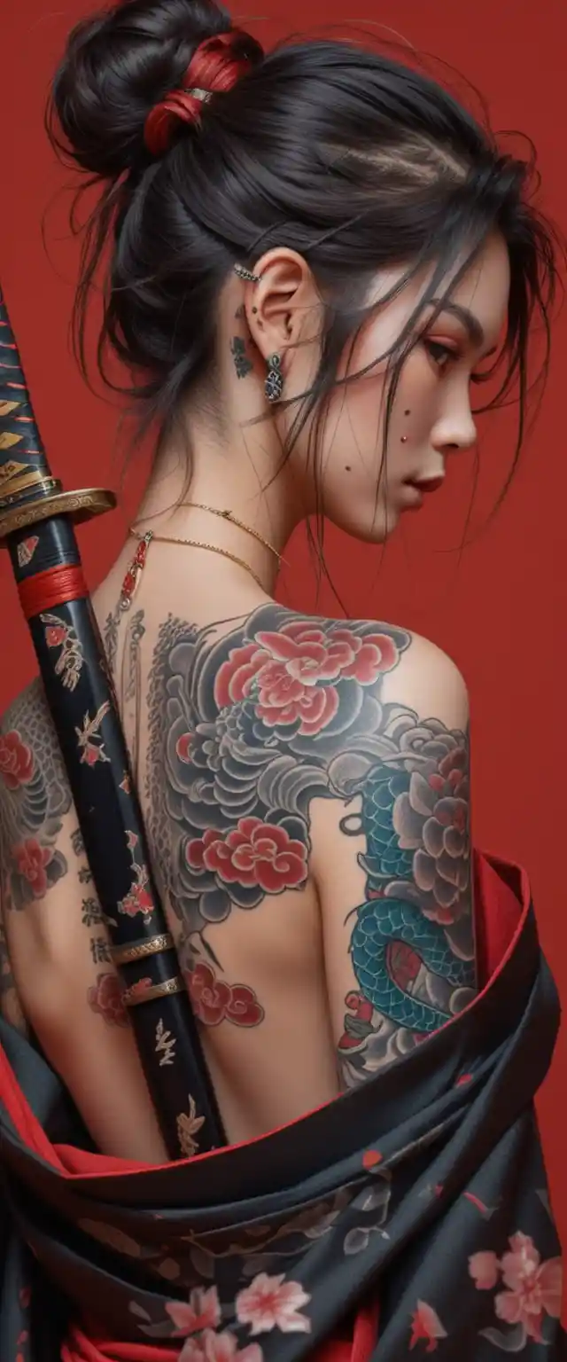 Tätowierte Frau im Kimono mit Katana vor rotem Hintergrund