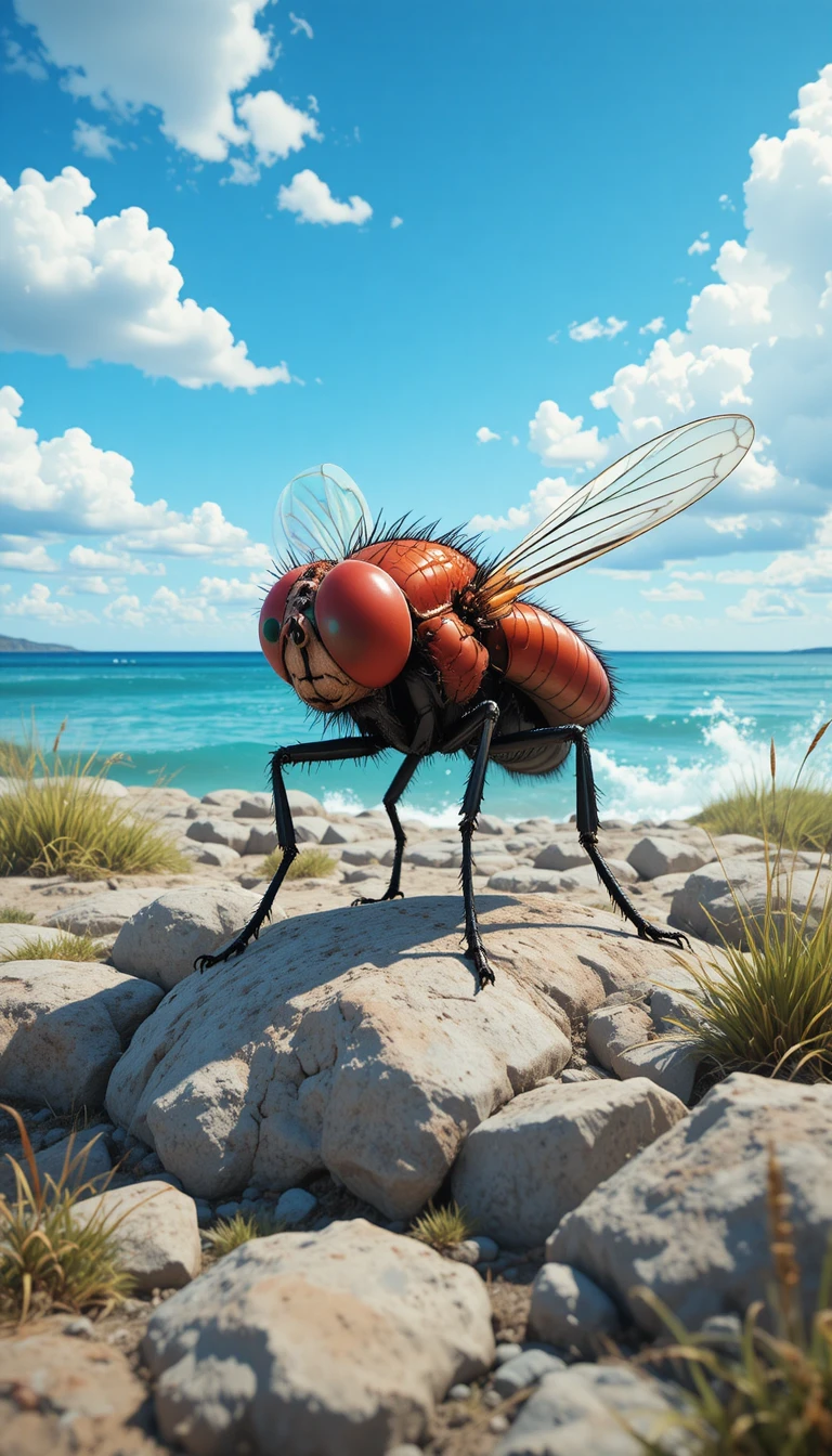 Red fly close up on a rocky shoreline with sea