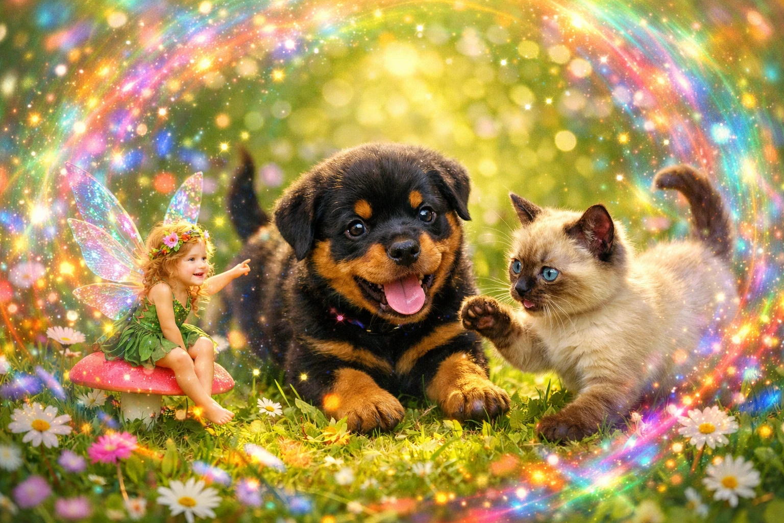 Hada Jugando con Cachorro y Gatito en un Prado Soleado