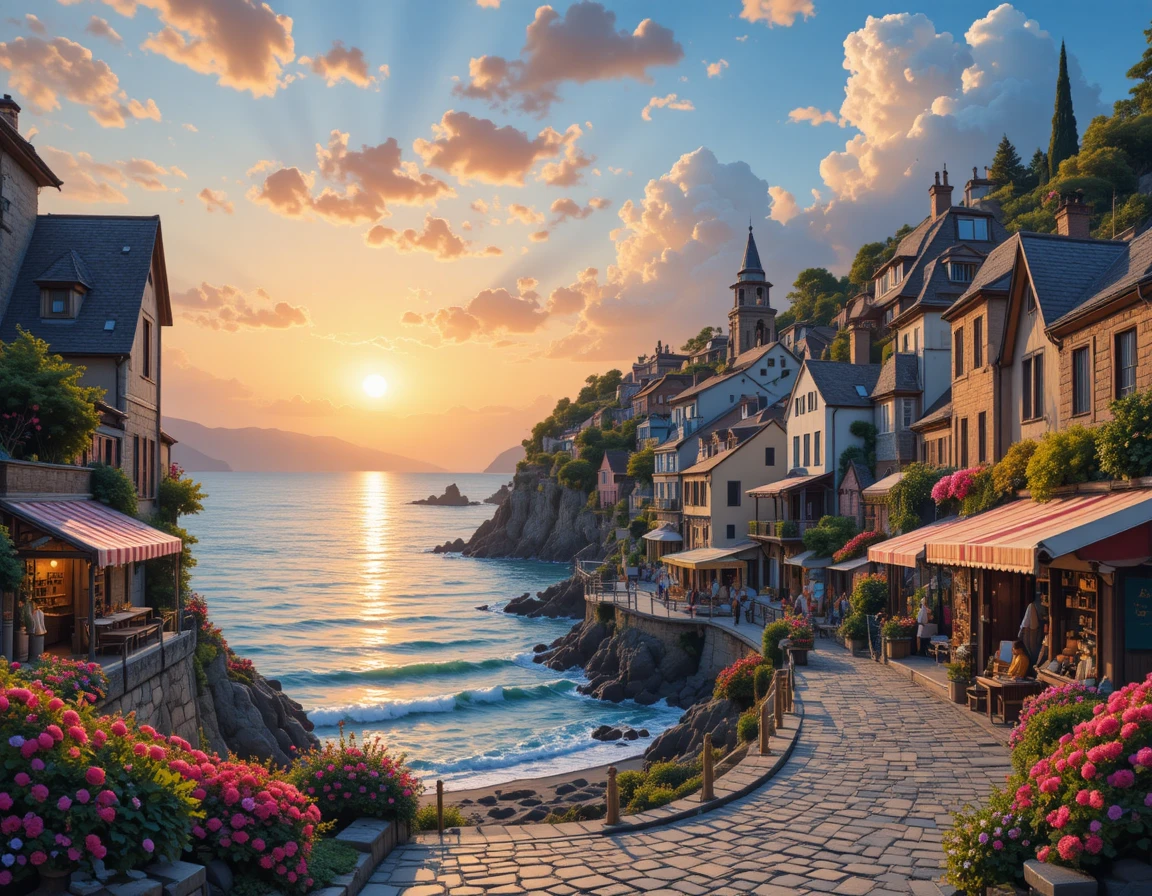 Sunset street market in a serene seaside town