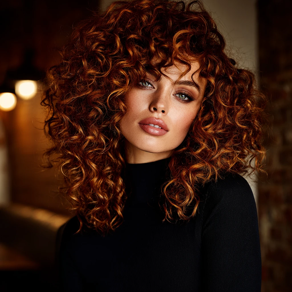 Glamorous woman with copper red curls in soft indoor light