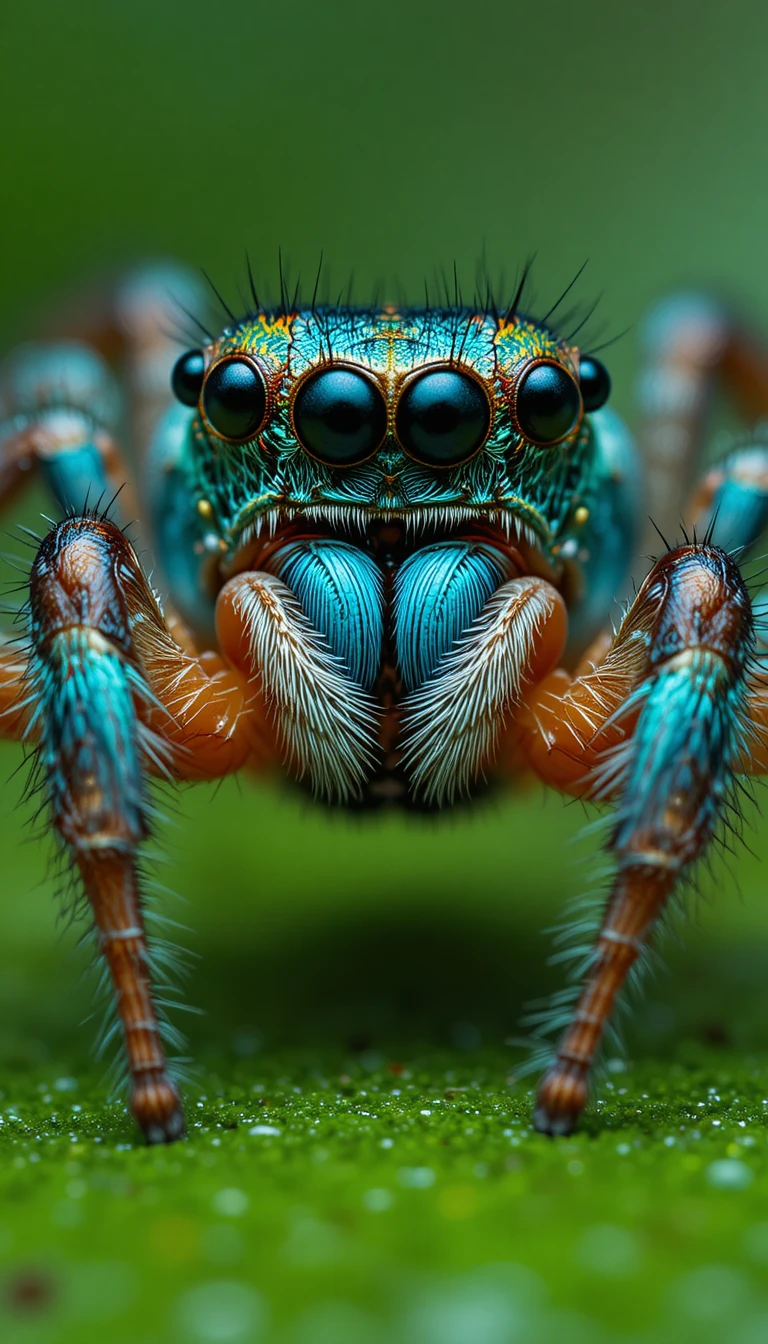 Araignée sauteuse turquoise vibrante en gros plan macro