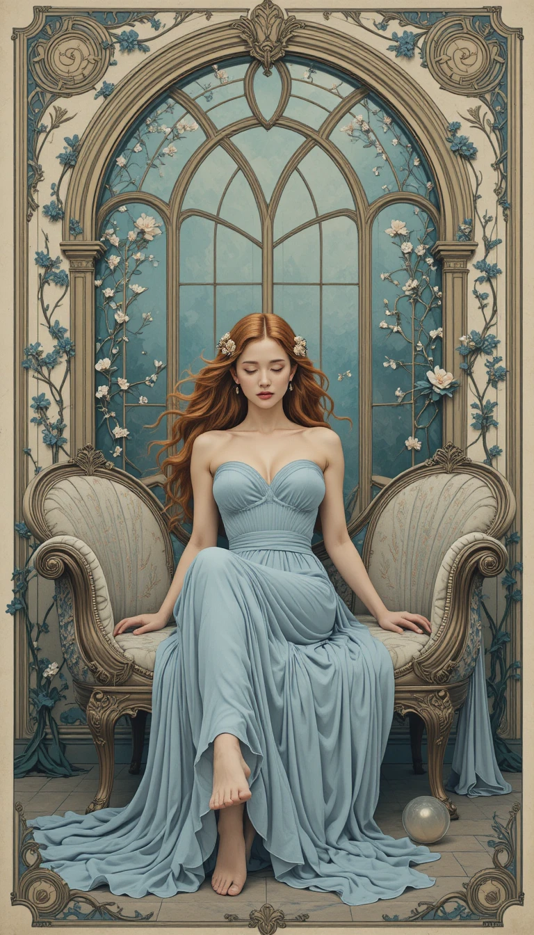 Graceful woman resting on an ornate art nouveau chaise