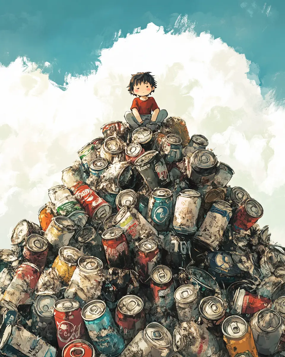 Tiny child on a towering pile of empty soda cans