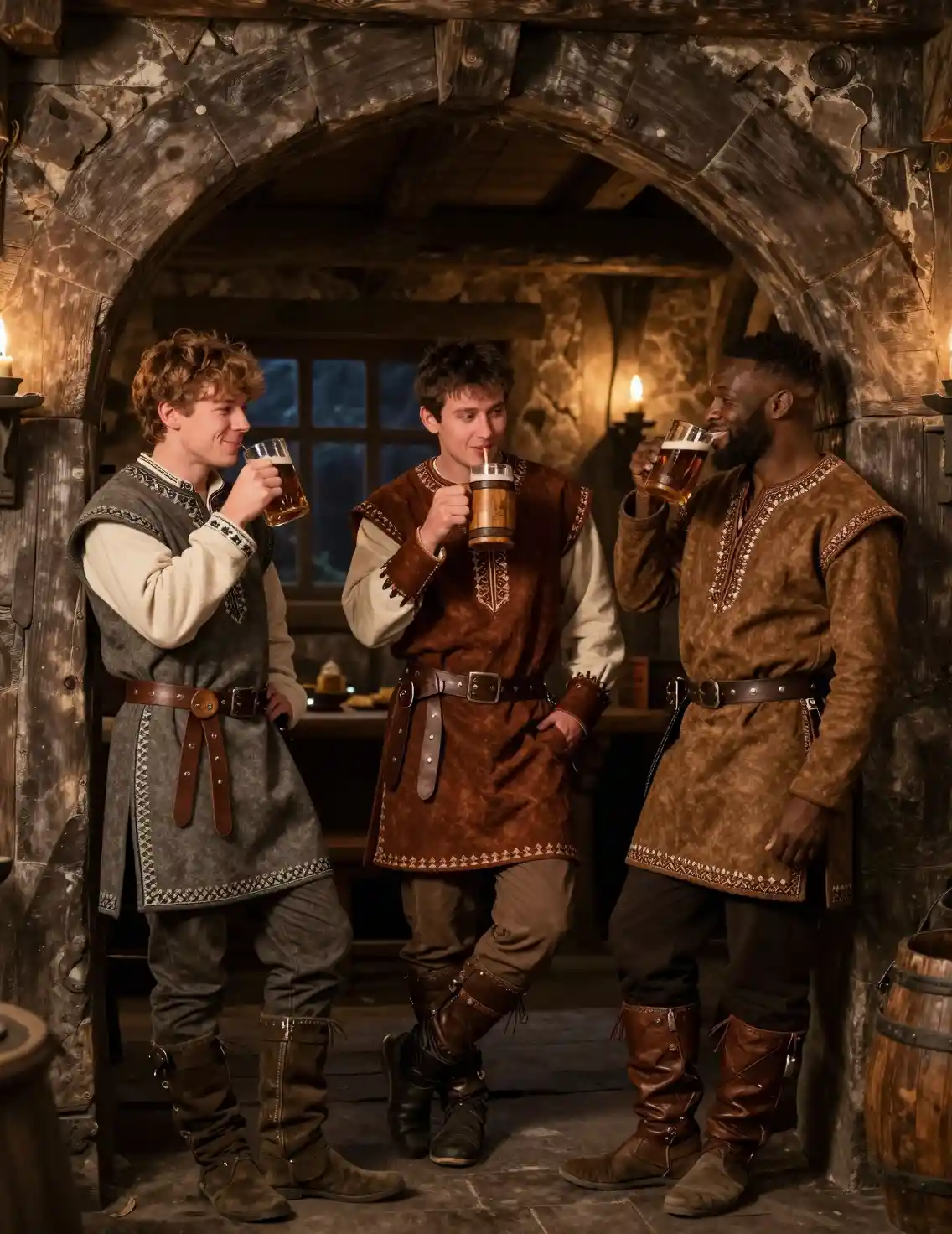 Tres amigos riendo juntos en una acogedora taberna de fantasía