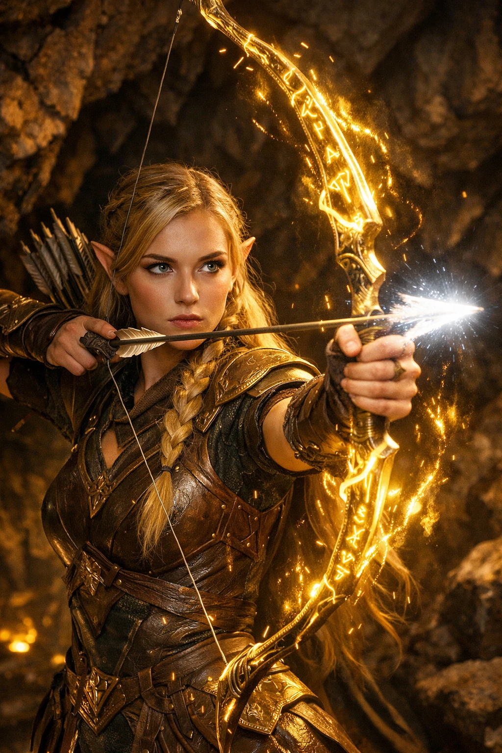 Elf archer woman aims a glowing magical arrow in cave