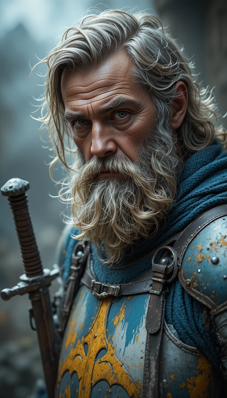 Cavaliere mercenario consumato in armatura blu e gialla