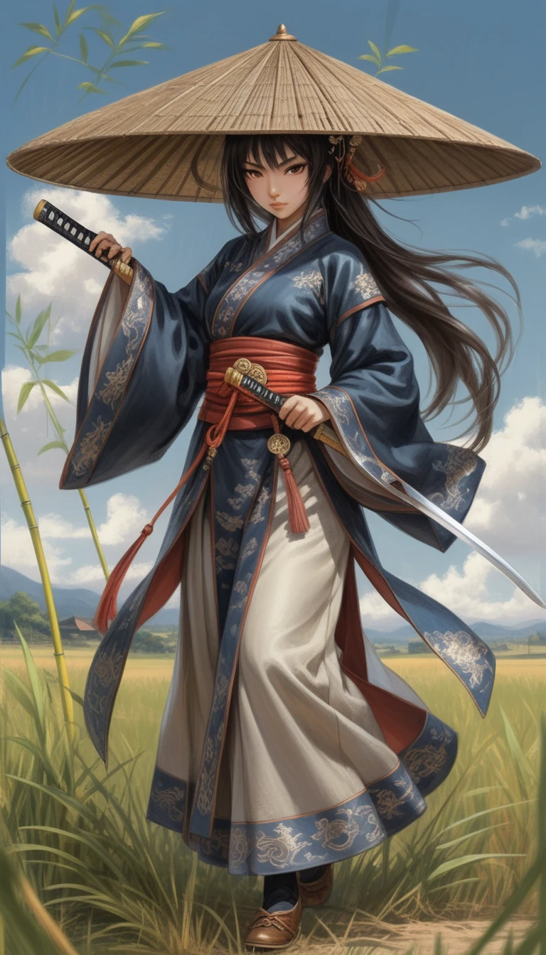 Anime-Samurai-Frau zieht ihr Katana in einem windigen Feld
