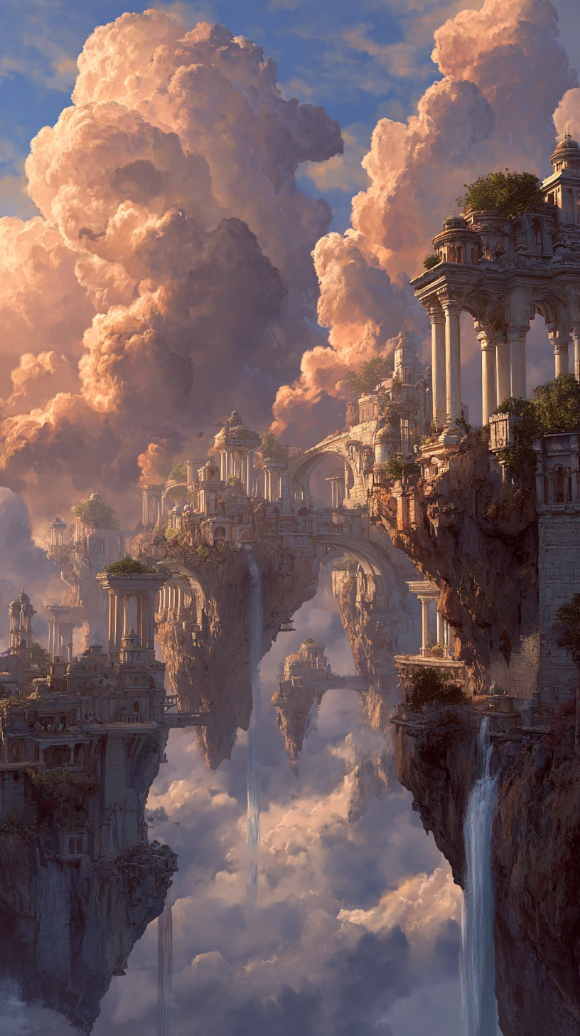 Majestueuse cité céleste flottante dans des nuages dorés et lumineux