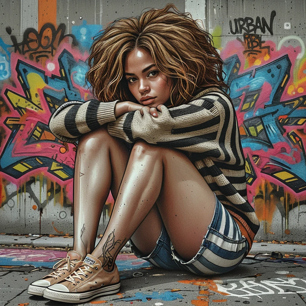 Thoughtful young Black woman sitting by a city wall
