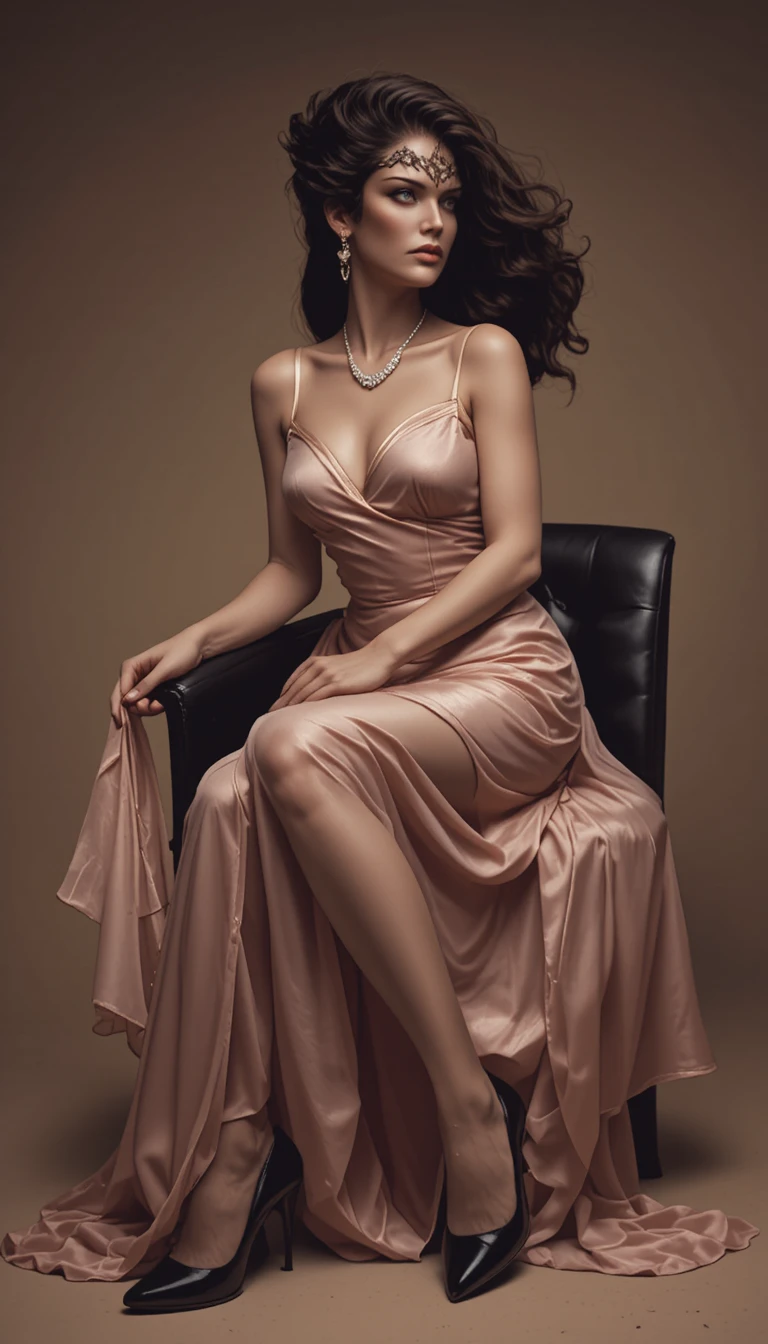 Glamorous woman in pink satin robe on black leather chair
