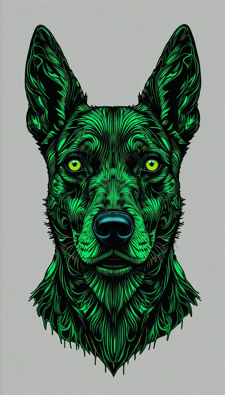 Volto di cane astratto ipnotico in verde intenso arte digitale
