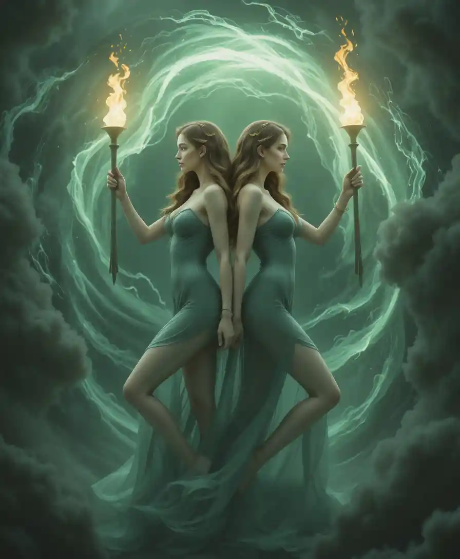 Twin torchbearing goddesses framed by a swirling dark vortex
